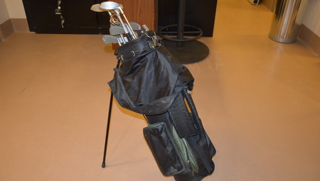 Photo d'un sac de golf bronze et gris contenant des bâtons de golf