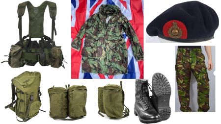 A collage of stock images representing some of the military items stolen from the storage container. From the top left: a green jumper, camo hooded jacket, and a black beret with a brass coloured crest in the middle of a red circle. Bottom: green backpack; green cargo pouch, green water pouch, black army boots, and green camo pants. 