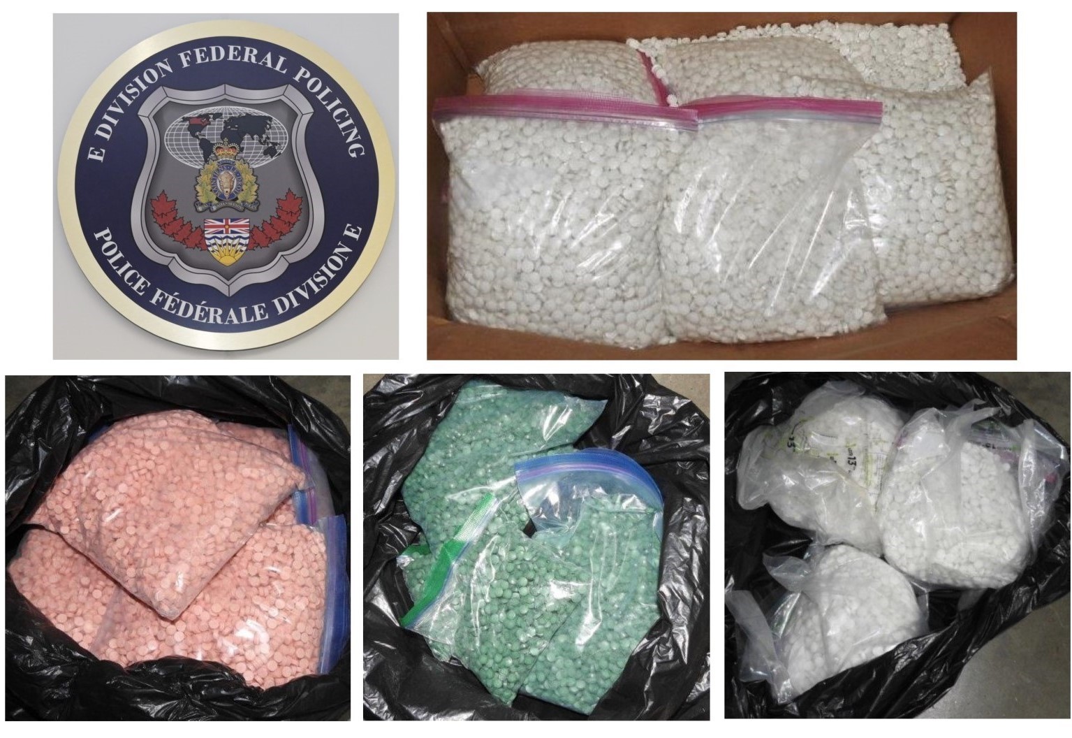 Collage of 4 photos, top two photos from left to right, round RCMP FSOC emblem, 5 large zip bags of white pills. Bottom three photos from left to right, 4 large zip bags of pink pills, 5 large zip bags of green pills, 5 plastic bags of white pills. All pills are believed to be illicit drugs.