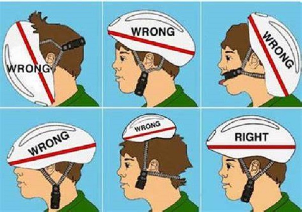 A photo of a male youth wearing a bicycle helmet five wrong ways and one right way
